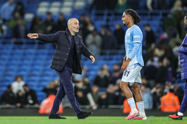 Enzo Maresca manager of Manchester City celebrates the win with Kaden Braithwaite of Manchester City during the Carabao Cup round 3 match Manchester City vs Norwich City at Etihad Stadium, Manchester, United Kingdom on 17 September 2026

(Photo by Mark Cosgrove/News Images)