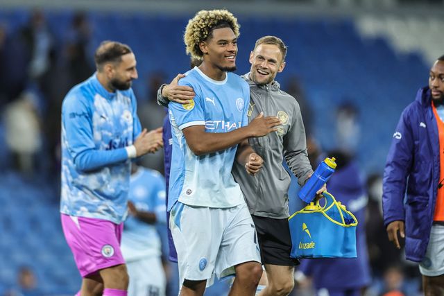 Floyd Samba of Manchester City celebrates the win during the Carabao Cup round 3 match Manchester City vs Norwich City at Etihad Stadium, Manchester, United Kingdom on 17 September 2026

(Photo by Mark Cosgrove/News Images)