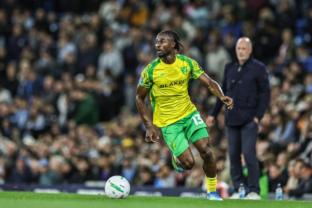 Darlin Yongwa of Norwich City breaks with the ball during the Carabao Cup round 3 match Manchester City vs Norwich City at Etihad Stadium, Manchester, United Kingdom on 17 September 2026

(Photo by Mark Cosgrove/News Images)