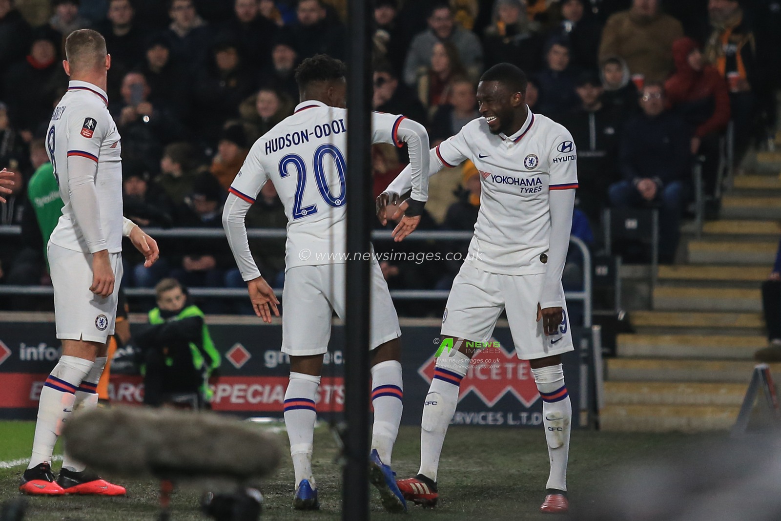25th January 2020, KC Stadium, Kingston upon Hull, England; Emirates FA Cup, Hull City v Chelsea :Fikayo Tomori (29) and Callum Hudson-Odoi (20) of Chelsea celebrate the second goal