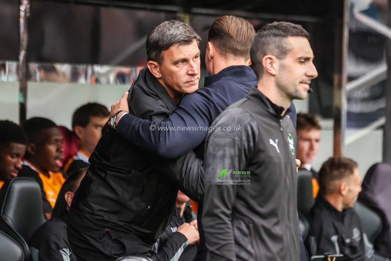 Sergej Jakirovi manager of Hull City embraces Matthias Jaissle manager of Newcastle United before the game during the Premier League match Newcastle Untied vs Hull City at St. James's Park, Newcastle, United Kingdom on 19 September 2026

(Photo by Alfie Cosgrove/News Images)