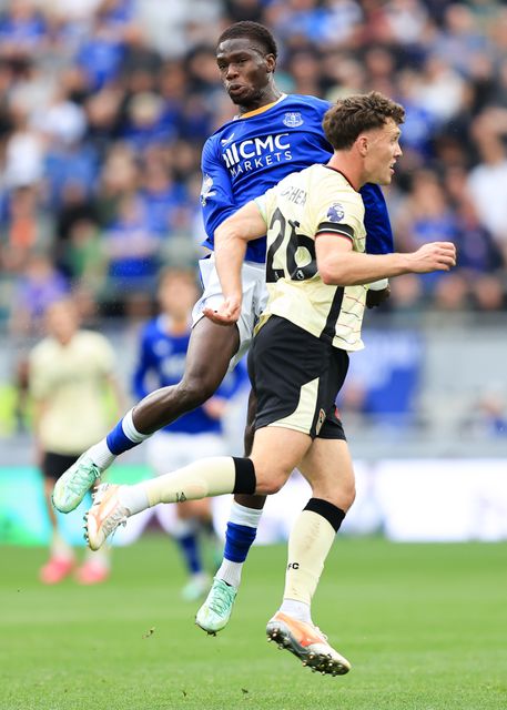 Thierno Barry of Everton challenges for ball in the air during the Premier League match Everton vs Ipswich Town at Hill Dickinson Stadium, Liverpool, United Kingdom on 19 September 2026

(Photo by Jorge Horsted/News Images)