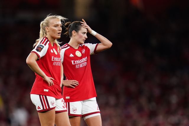 Smilla Holmberg of Arsenal and Emily Fox of Arsenal during the Women's Super League match Arsenal vs Manchester United at Emirates, London, United Kingdom on 19 September 2026

(Photo by Harvey Murphy/News Images)