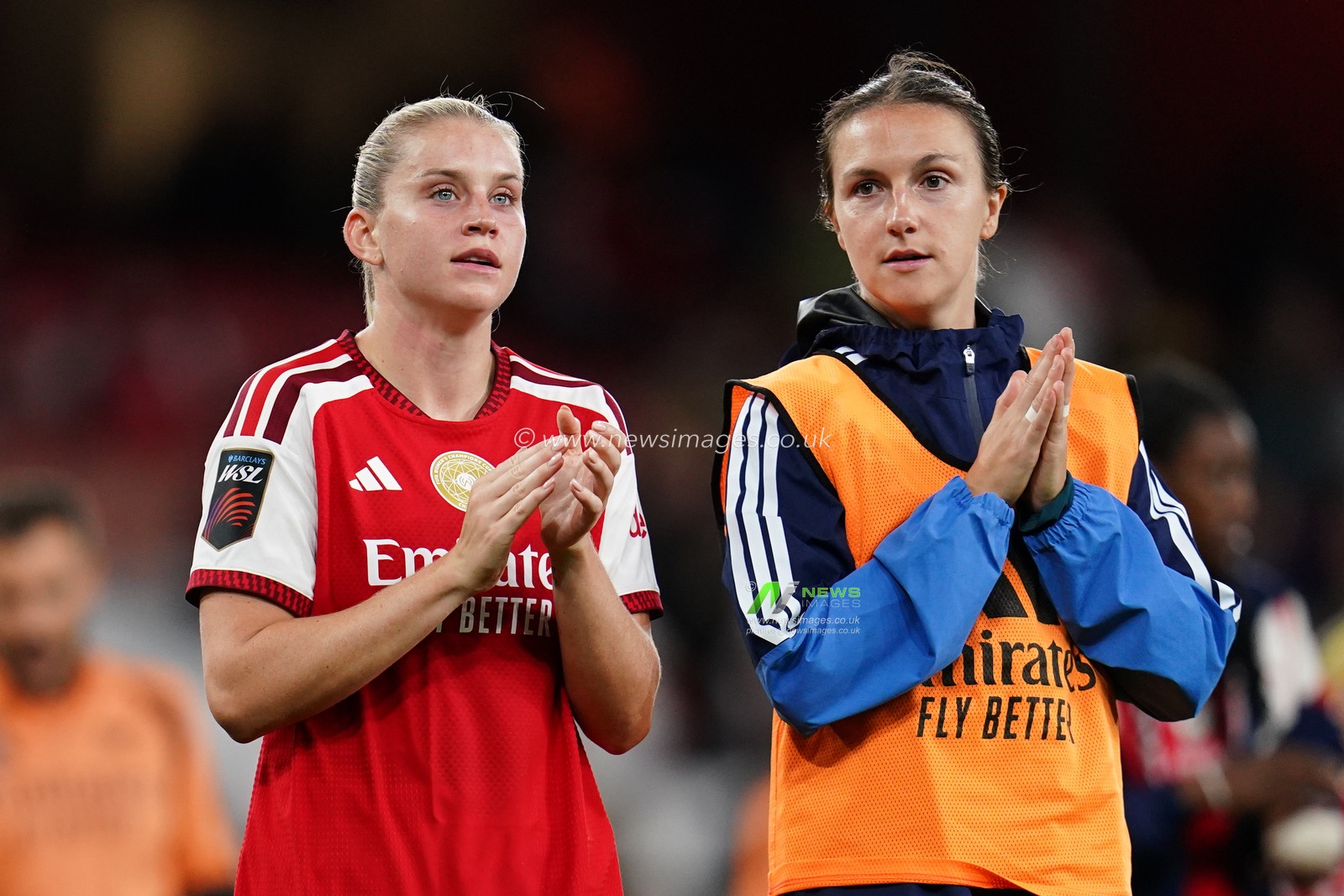 Alessia Russo of Arsenal and Lotte Wubben-Moy of Arsenal at full time during the Women's Super League match Arsenal vs Manchester United at Emirates, London, United Kingdom on 19 September 2026

(Photo by Harvey Murphy/News Images)