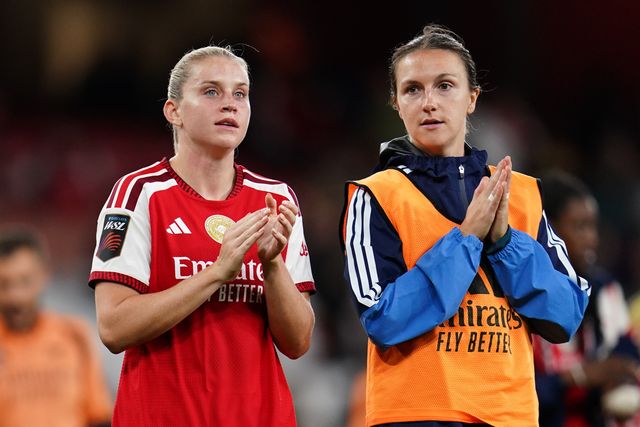 Alessia Russo of Arsenal and Lotte Wubben-Moy of Arsenal at full time during the Women's Super League match Arsenal vs Manchester United at Emirates, London, United Kingdom on 19 September 2026

(Photo by Harvey Murphy/News Images)