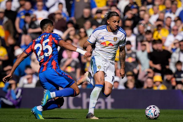 Noah Okafor of Leeds United dribbles past Anan Khalaili of Crystal Palace during the Premier League match Leeds United vs Crystal Palace at Elland Road, Leeds, United Kingdom on 20 September 2026

(Photo by Maynard Manyowa/News Images)