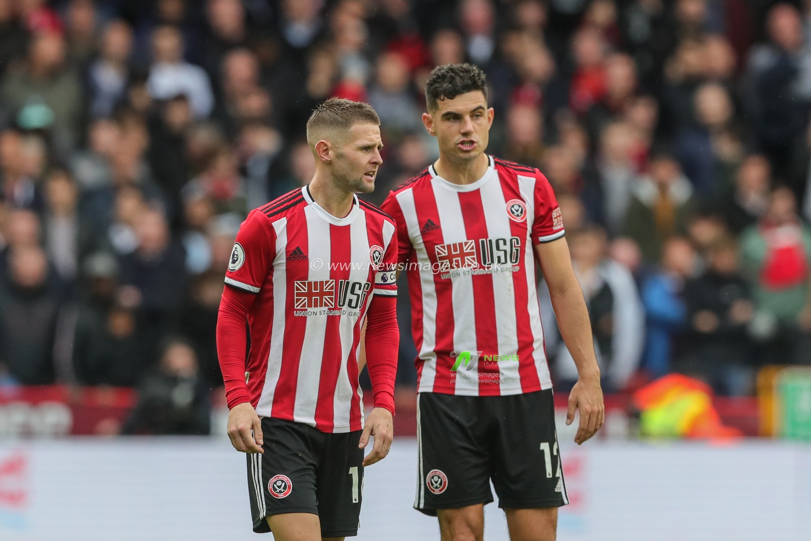 28th September 2019, Bramall Lane, Sheffield, England; Premier League, Sheffield United v Liverpool : Oliver Norwood (16) of Sheffield United and John Egan (12) of Sheffield United chat during the game

Credit: Mark Cosgrove/News Images