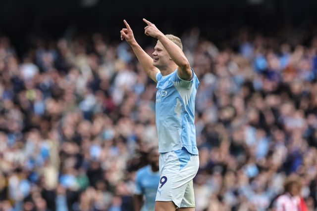Erling Haaland of Manchester City celebrates his goal to make it 5-3 during the Premier League match Manchester City vs Sunderland at Etihad Stadium, Manchester, United Kingdom on 20 September 2026

(Photo by Mark Cosgrove/News Images)