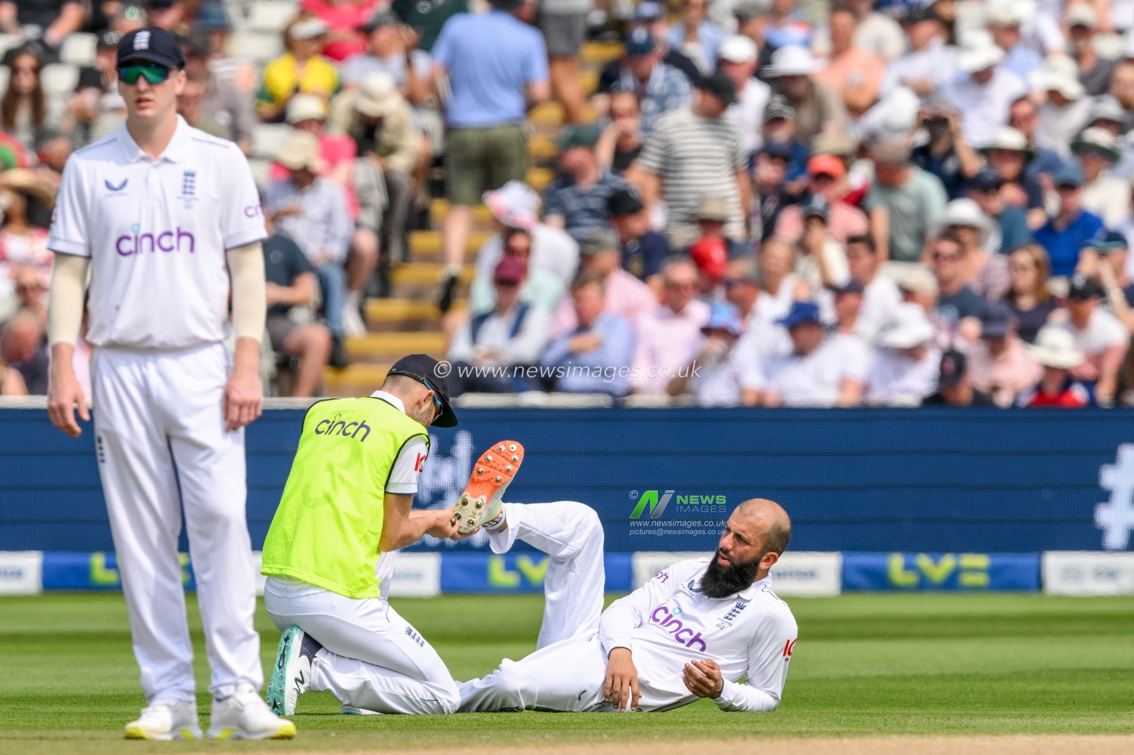 Moeen Ali of England has his spikes fixed before his over during the LV= Insurance Ashes First Test Series Day 3 England v Australia at Edgbaston, Birmingham, United Kingdom, 18th June 2023

(Photo by Craig Thomas/News Images)