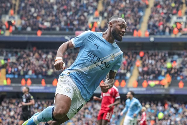 Antonie Semenyo of Manchester City celebrates his goal to make it 3-0 during the Emirates FA Cup Quarter-Final match Manchester City vs Liverpool at Etihad Stadium, Manchester, United Kingdom on 04 April 2026

(Photo by Mark Cosgrove/News Images)