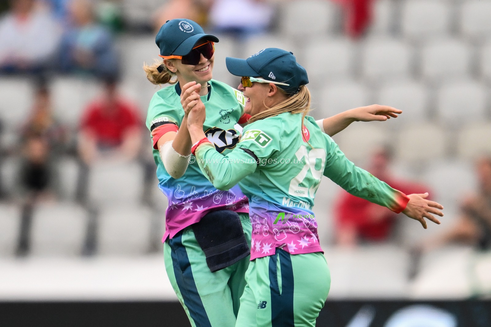 Ryana Macdonald-Gay of Oval Invincibles celebrates the dismissal of Laura Wolvaardt of Manchester Orignals off the bowling of Amanda-Jade Wellington of Oval Invincibles during the The Hundred match Manchester Originals Women vs Oval Invincibles Women at Old Trafford, Manchester, United Kingdom, 6th August 2024

(Photo by Craig Thomas/News Images)