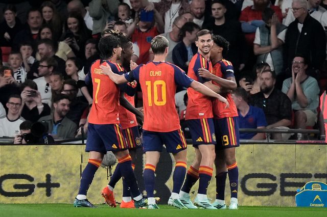 Spain goalkeeper David Raya celebrates his goal to make it   0-1 during the UEFA Nations League match England vs Spain at Wembley Stadium, London, United Kingdom on 26 September 2026

(Photo by Maynard Manyowa/News Images)