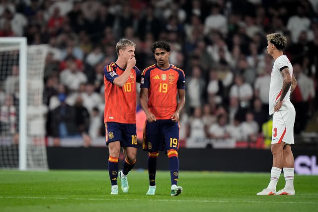 Spain goalkeeper David Raya celebrates his goal to make it   0-1 with Dani Olmo of Spain during the UEFA Nations League match England vs Spain at Wembley Stadium, London, United Kingdom on 26 September 2026

(Photo by Maynard Manyowa/News Images)