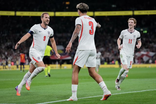 Harry Kane of England celebrates his goal to make it  2-1 during the UEFA Nations League match England vs Spain at Wembley Stadium, London, United Kingdom on 26 September 2026

(Photo by Maynard Manyowa/News Images)