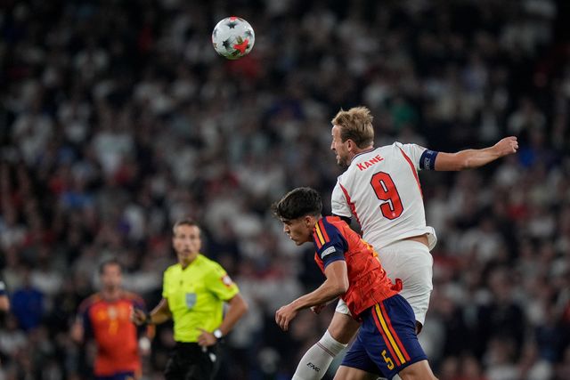 Harry Kane of England jumps up to win the high ball  from Pau Cubarsí of Spain during the UEFA Nations League match England vs Spain at Wembley Stadium, London, United Kingdom on 26 September 2026

(Photo by Maynard Manyowa/News Images)
