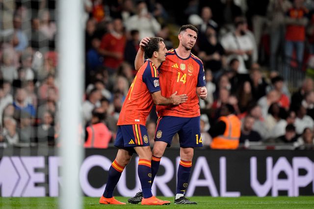 Spain goalkeeper Unai Simón celebrates his goal to make it   2-3 during the UEFA Nations League match England vs Spain at Wembley Stadium, London, United Kingdom on 26 September 2026

(Photo by Maynard Manyowa/News Images)