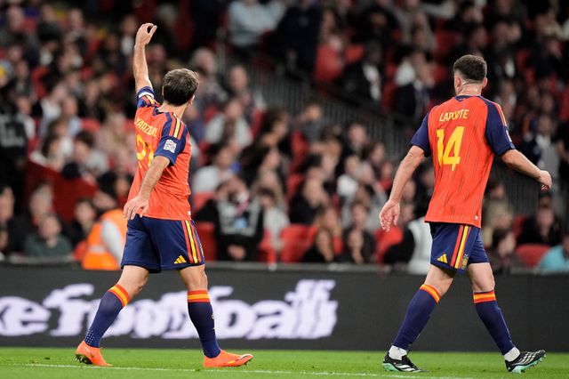 Spain goalkeeper Unai Simón celebrates his goal to make it   2-3 during the UEFA Nations League match England vs Spain at Wembley Stadium, London, United Kingdom on 26 September 2026

(Photo by Maynard Manyowa/News Images)