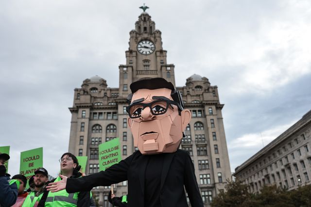 A young activist wearing a Papier-mache Andy Burnham The UK Prime Minister head protests about jobs for our future with colleagues during the Labour Party Annual Conference 2026 at Convention Centre, Liverpool, United Kingdom on 27 September 2026

(Photo by Mark Cosgrove/News Images)