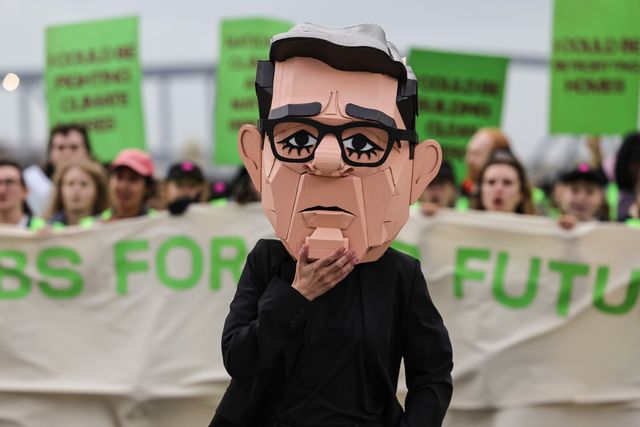 A young activist wearing a Papier-mache Andy Burnham The UK Prime Minister head protests about jobs for our future with colleagues during the Labour Party Annual Conference 2026 at Convention Centre, Liverpool, United Kingdom on 27 September 2026

(Photo by Mark Cosgrove/News Images)