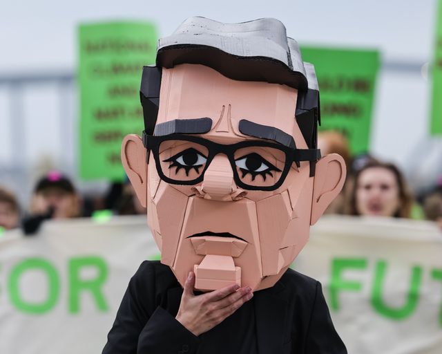 A young activist wearing a Papier-mache Andy Burnham The UK Prime Minister head protests about jobs for our future with colleagues during the Labour Party Annual Conference 2026 at Convention Centre, Liverpool, United Kingdom on 27 September 2026

(Photo by Mark Cosgrove/News Images)