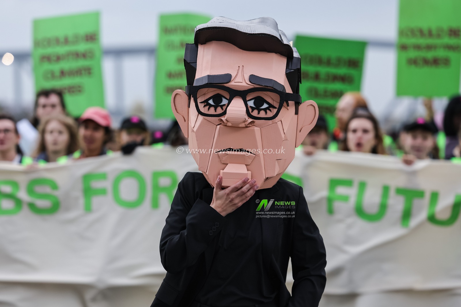 A young activist wearing a Papier-mache Andy Burnham The UK Prime Minister head protests about jobs for our future with colleagues during the Labour Party Annual Conference 2026 at Convention Centre, Liverpool, United Kingdom on 27 September 2026

(Photo by Mark Cosgrove/News Images)