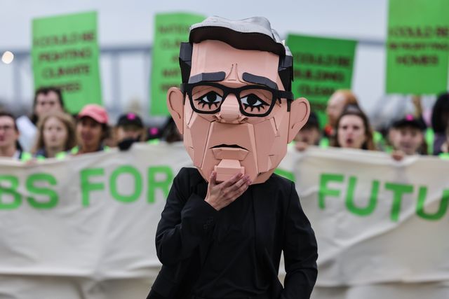 A young activist wearing a Papier-mache Andy Burnham The UK Prime Minister head protests about jobs for our future with colleagues during the Labour Party Annual Conference 2026 at Convention Centre, Liverpool, United Kingdom on 27 September 2026

(Photo by Mark Cosgrove/News Images)