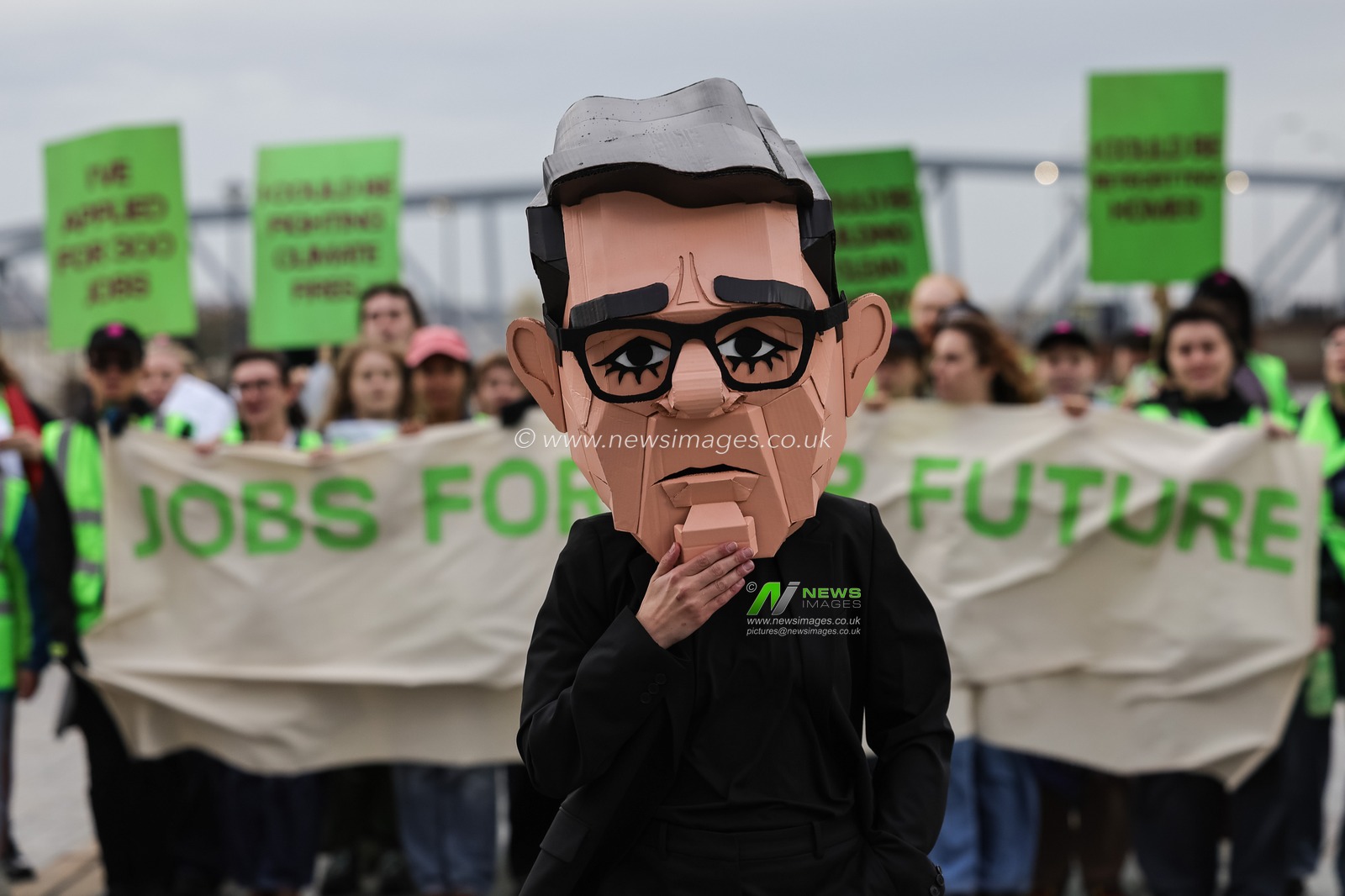 A young activist wearing a Papier-mache Andy Burnham The UK Prime Minister head protests about jobs for our future with colleagues during the Labour Party Annual Conference 2026 at Convention Centre, Liverpool, United Kingdom on 27 September 2026

(Photo by Mark Cosgrove/News Images)
