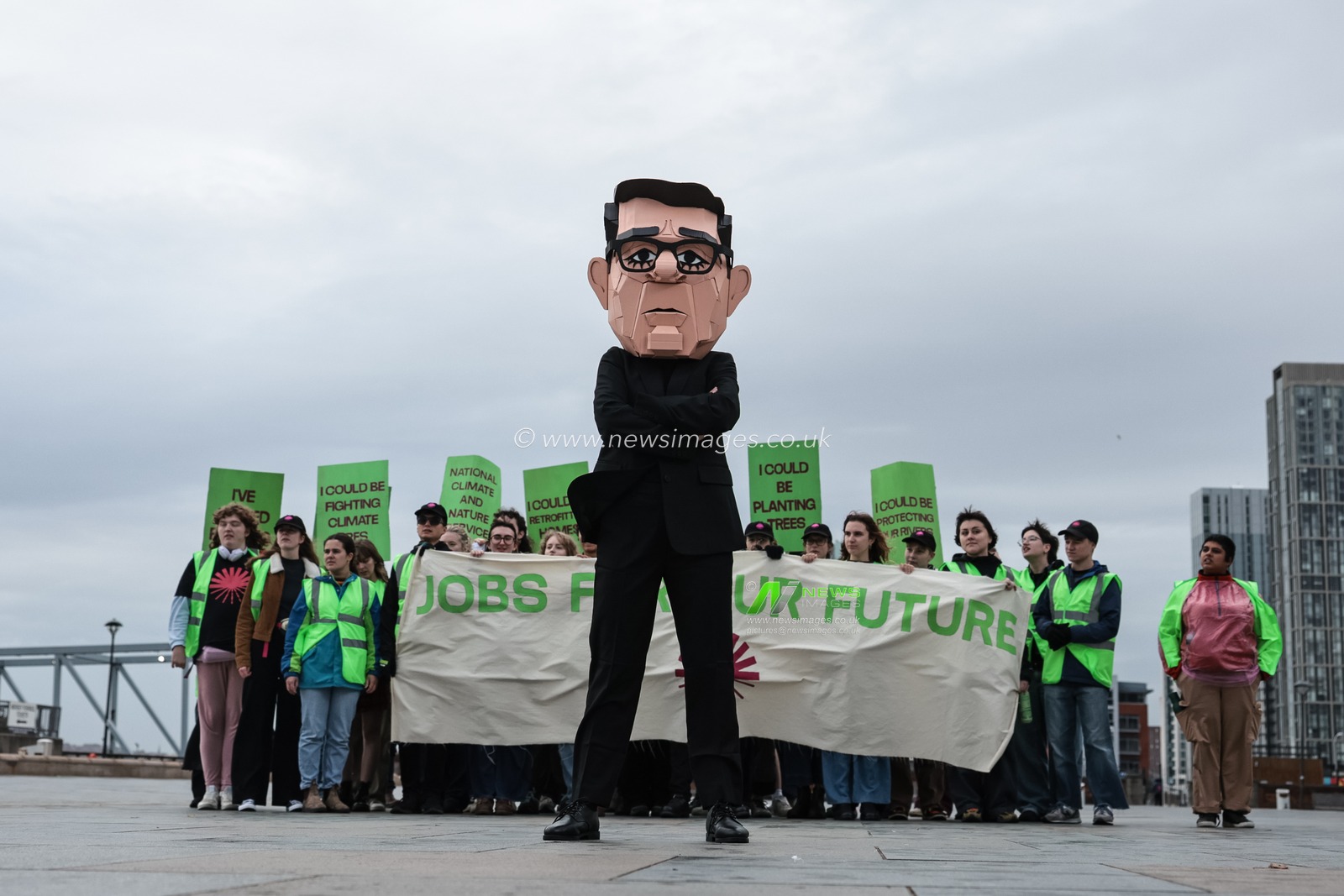 A young activist wearing a Papier-mache Andy Burnham The UK Prime Minister head protests about jobs for our future with colleagues during the Labour Party Annual Conference 2026 at Convention Centre, Liverpool, United Kingdom on 27 September 2026

(Photo by Mark Cosgrove/News Images)