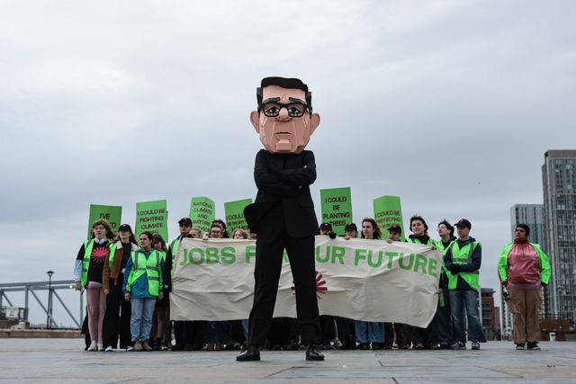 A young activist wearing a Papier-mache Andy Burnham The UK Prime Minister head protests about jobs for our future with colleagues during the Labour Party Annual Conference 2026 at Convention Centre, Liverpool, United Kingdom on 27 September 2026

(Photo by Mark Cosgrove/News Images)