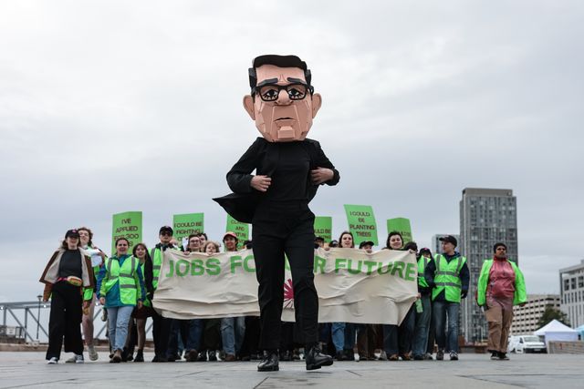 A young activist wearing a Papier-mache Andy Burnham The UK Prime Minister head protests about jobs for our future with colleagues during the Labour Party Annual Conference 2026 at Convention Centre, Liverpool, United Kingdom on 27 September 2026

(Photo by Mark Cosgrove/News Images)