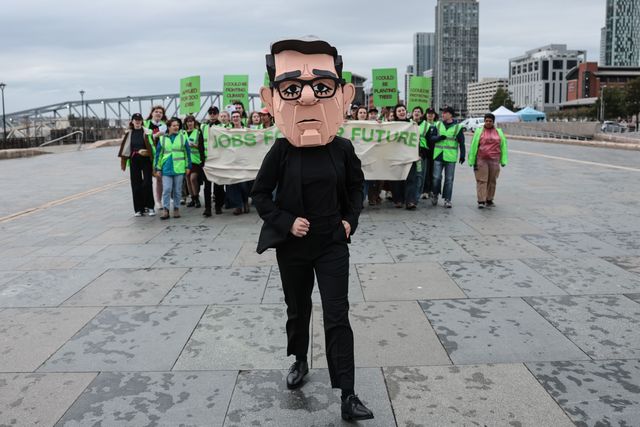 A young activist wearing a Papier-mache Andy Burnham The UK Prime Minister head protests about jobs for our future with colleagues during the Labour Party Annual Conference 2026 at Convention Centre, Liverpool, United Kingdom on 27 September 2026

(Photo by Mark Cosgrove/News Images)
