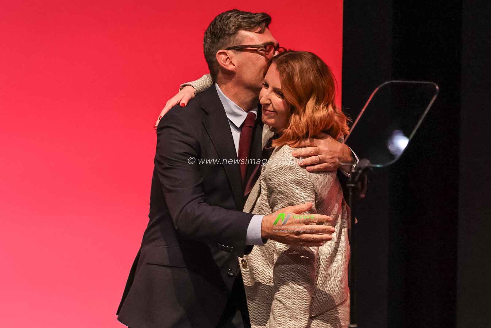 Prime Minister of the United Kingdom Andy Burnham embraces First Secretary of State, Chancellor of the Duchy of Lancaster and Minister for the Cabinet Office Louise Haigh MP after her speach during the Labour Party Annual Conference 2026 at Convention Centre, Liverpool, United Kingdom on 27 September 2026

(Photo by Mark Cosgrove/News Images)