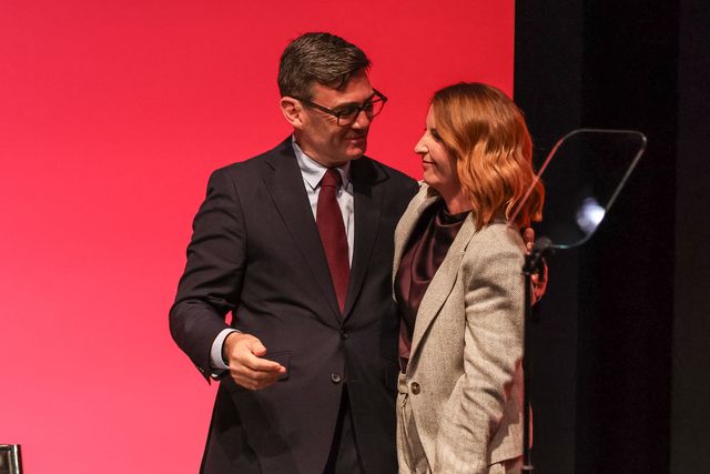 Prime Minister of the United Kingdom Andy Burnham embraces First Secretary of State, Chancellor of the Duchy of Lancaster and Minister for the Cabinet Office Louise Haigh MP after her speach during the Labour Party Annual Conference 2026 at Convention Centre, Liverpool, United Kingdom on 27 September 2026

(Photo by Mark Cosgrove/News Images)