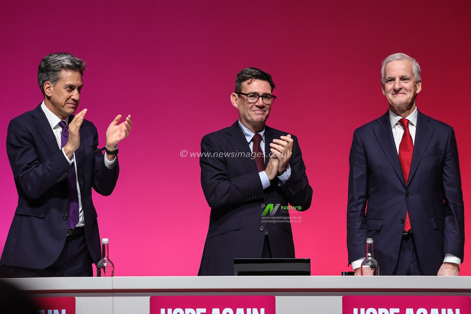 Ed Miliband (L) and Prime Minister of the United Kingdom Andy Burnham (C) applauds the Prime Minister of Norway Jonas Gahr Store (R) during the Labour Party Annual Conference 2026 at Convention Centre, Liverpool, United Kingdom on 27 September 2026

(Photo by Mark Cosgrove/News Images)