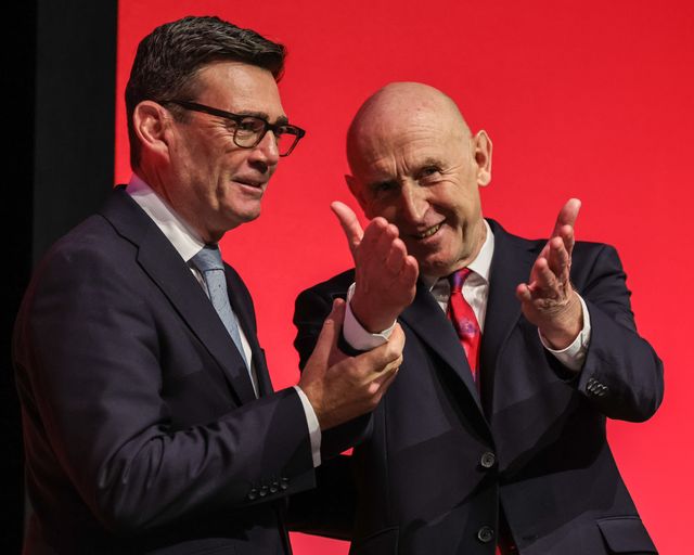 Prime Minister of the United Kingdom Andy Burnham lifts the hands of Chancellor of the Exchequer John Healey MP after his speech during the Labour Party Annual Conference Day Two at Convention Centre, Liverpool, United Kingdom on 28 September 2026

(Photo by Mark Cosgrove/News Images)