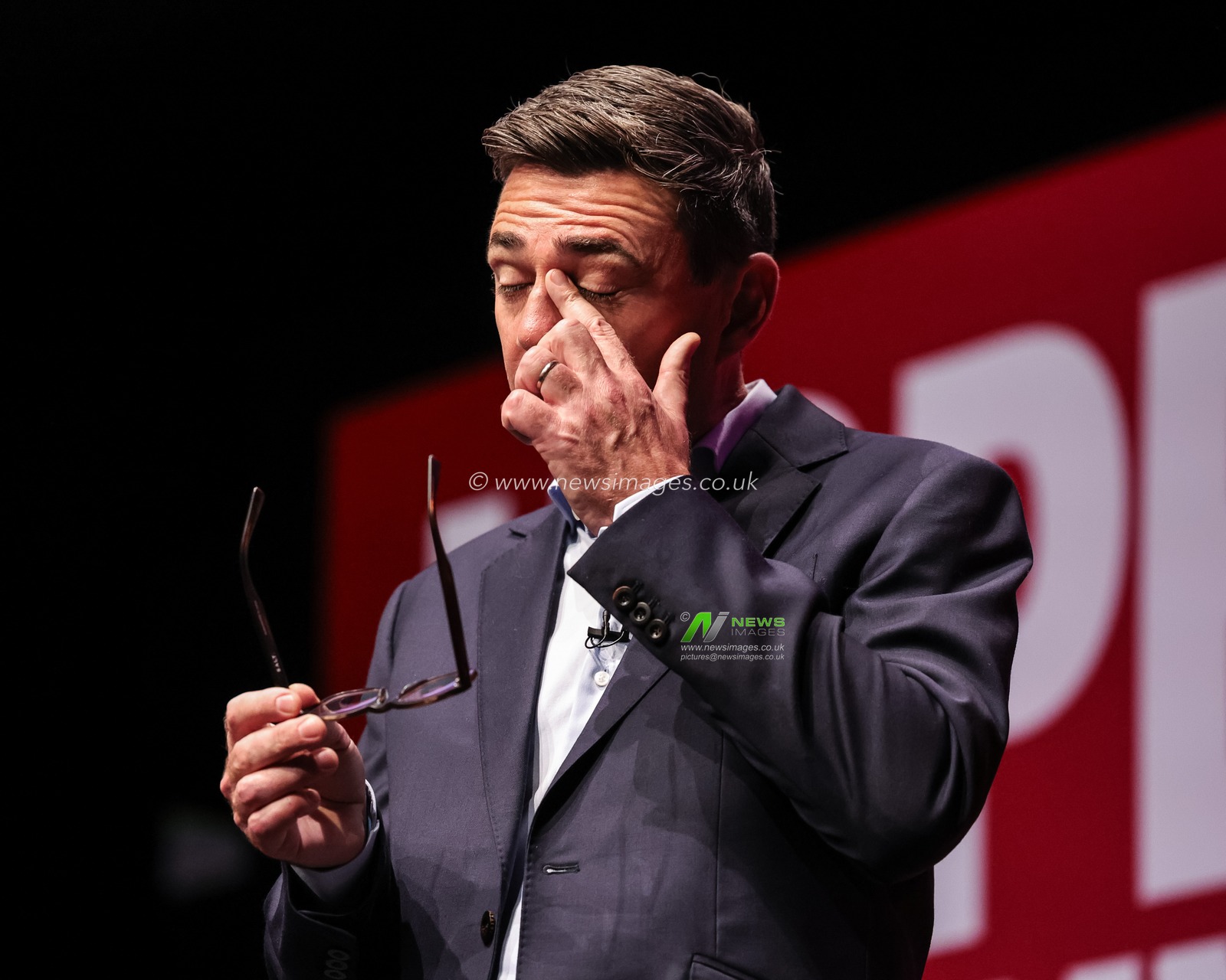 Andy Burnham MP, Prime Minister of the United Kingdom takes his glasses off and wipes away a tear during the Labour Party Annual Conference Day Three at Convention Centre, Liverpool, United Kingdom on 29 September 2026

(Photo by Mark Cosgrove/News Images)