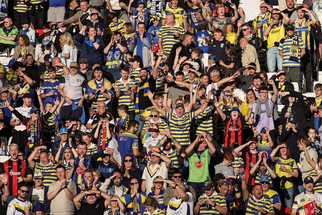 Warrington fans in the pre-game warm up during the Betfred Super League Grand Final match Warrington Wolves vs Wakefield Trinity at Old Trafford, Manchester, United Kingdom on 03 October 2026

(Photo by Mark Cosgrove/News Images)