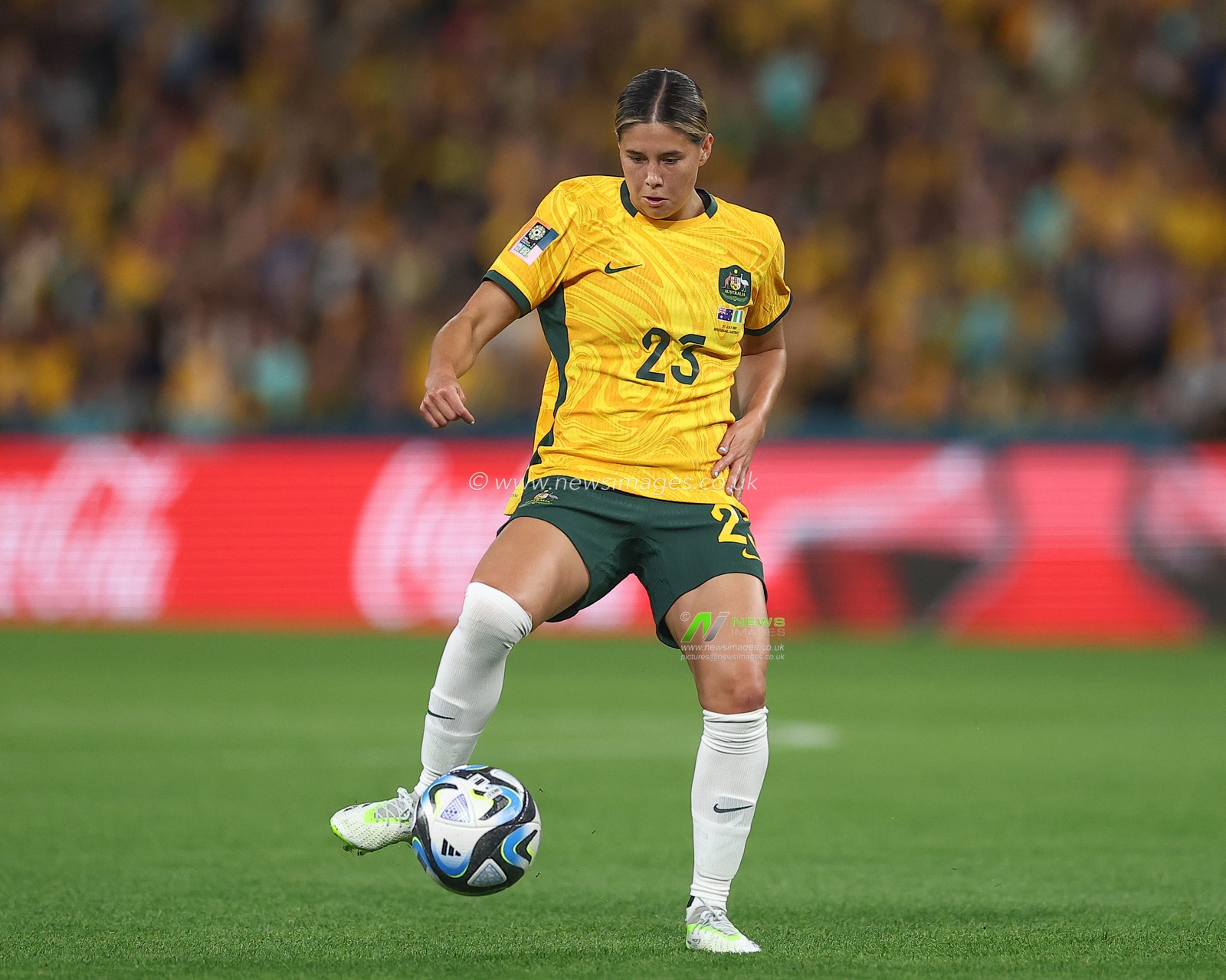Kyra Cooney-Cross #23 of Australia with the ball during the FIFA Women's World Cup 2023 Group B match Australia Women vs Nigeria Women at Suncorp Stadium, Brisbane, Australia, 27th July 2023

(Photo by Patrick Hoelscher/News Images)