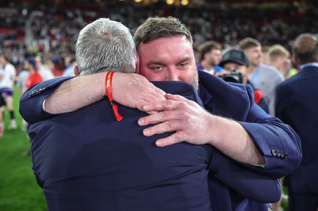Matt Ellis Wakefield Trinity owner and Daryl Powell manager of Wakefield Trinity celebrate the win during the Betfred Super League Grand Final match Warrington Wolves vs Wakefield Trinity at Old Trafford, Manchester, United Kingdom on 03 October 2026

(Photo by Mark Cosgrove/News Images)