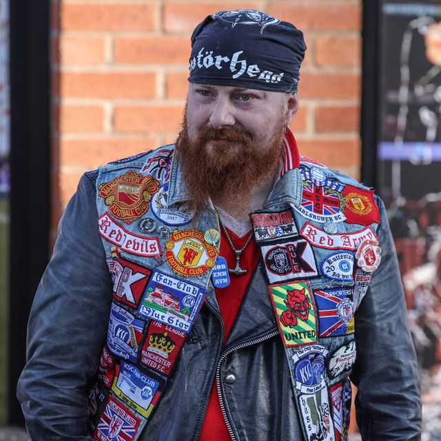 A Manchester United fan with a denim jacket covered in Man Utd badges during the Premier League match Manchester United vs Tottenham Hotspur at Old Trafford, Manchester, United Kingdom on 10 October 2026

(Photo by Mark Cosgrove/News Images)