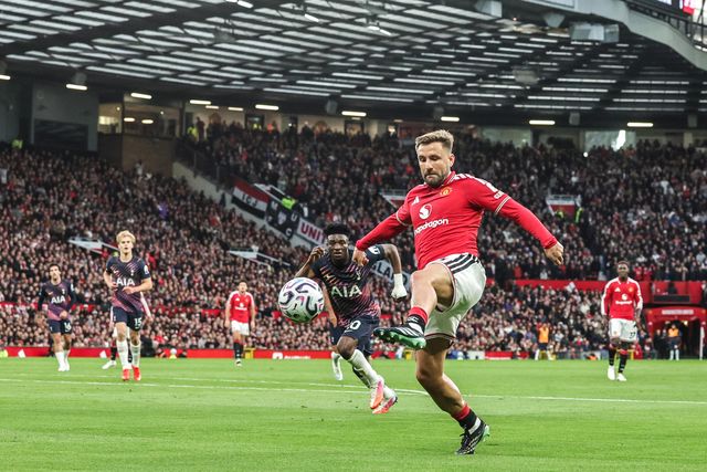 Luke Shaw of Manchester United crosses the ball into the box during the Premier League match Manchester United vs Tottenham Hotspur at Old Trafford, Manchester, United Kingdom on 10 October 2026

(Photo by Mark Cosgrove/News Images)