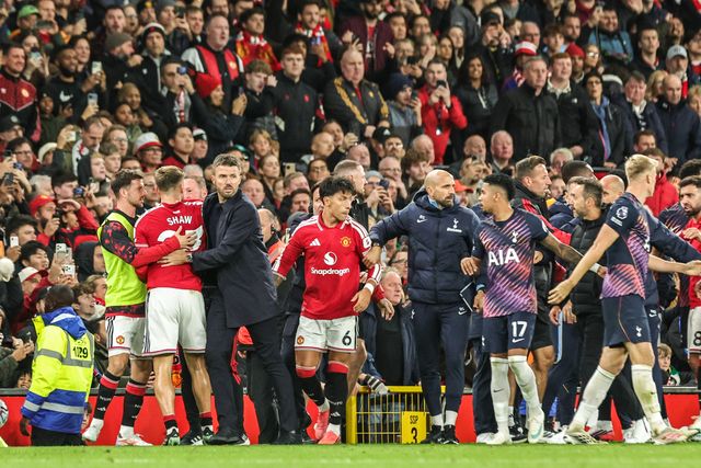 An altercation between the players during the Premier League match Manchester United vs Tottenham Hotspur at Old Trafford, Manchester, United Kingdom on 10 October 2026

(Photo by Mark Cosgrove/News Images)