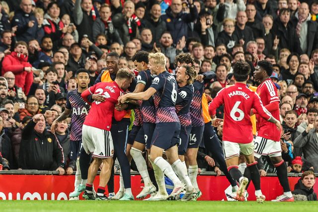 An altercation between the players during the Premier League match Manchester United vs Tottenham Hotspur at Old Trafford, Manchester, United Kingdom on 10 October 2026

(Photo by Mark Cosgrove/News Images)