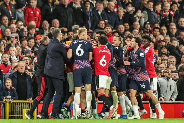 An altercation between the players during the Premier League match Manchester United vs Tottenham Hotspur at Old Trafford, Manchester, United Kingdom on 10 October 2026

(Photo by Mark Cosgrove/News Images)