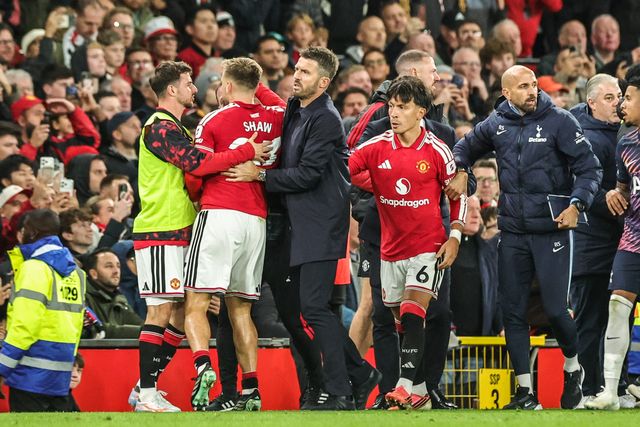 An altercation between the players during the Premier League match Manchester United vs Tottenham Hotspur at Old Trafford, Manchester, United Kingdom on 10 October 2026

(Photo by Mark Cosgrove/News Images)