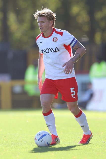 Carl Piergianni of Stevenage with the ball during the Sky Bet League One match Stevenage vs Wigan Athletic at Lamex Stadium, Stevenage, United Kingdom on 10 October 2026

(Photo by Harvey Murphy/News Images)
