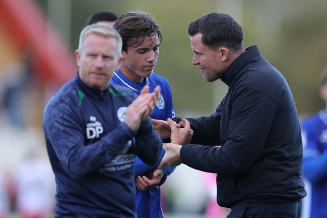 Gary Caldwell manager of Wigan Athletic and Charlie Gray of Wigan Athletic at full time during the Sky Bet League One match Stevenage vs Wigan Athletic at Lamex Stadium, Stevenage, United Kingdom on 10 October 2026

(Photo by Harvey Murphy/News Images)
