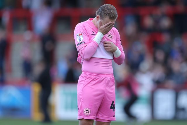 Wigan Athletic goalkeeper Joe Whitworth at full time shows frustration during the Sky Bet League One match Stevenage vs Wigan Athletic at Lamex Stadium, Stevenage, United Kingdom on 10 October 2026

(Photo by Harvey Murphy/News Images)