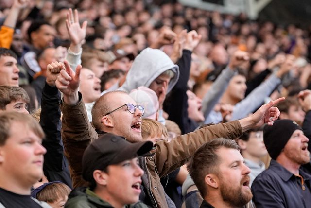 Hull fans celebrate Joe Gelhardt of Hull City scoring to make it 1-0  during the Premier League match Hull City vs Everton at MKM Stadium, Hull, United Kingdom on 11 October 2026

(Photo by Maynard Manyowa/News Images)
