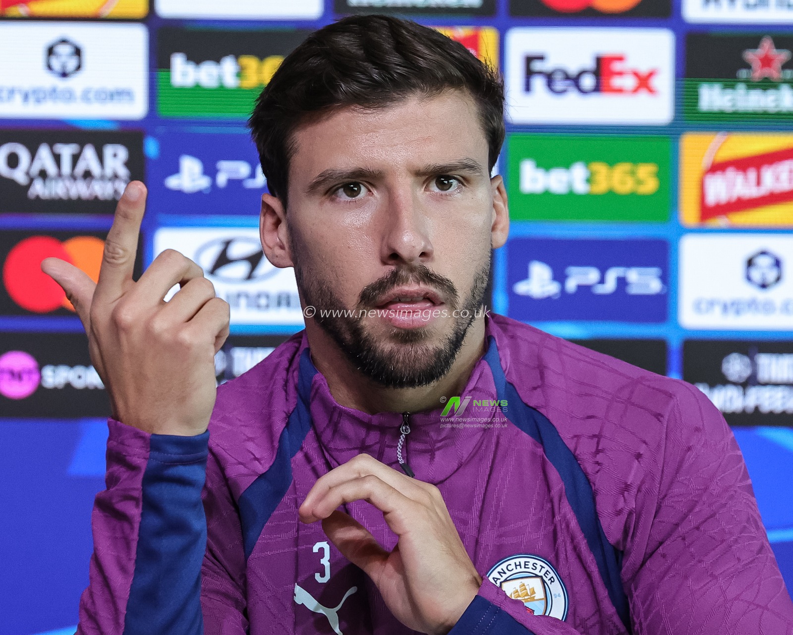 Manchester City captain Ruben Dias speaks during the UEFA Champions League press conference and open training Matchday 2 of 8 Manchester City vs Paris Saint-Germain at City Football Academy, Manchester, United Kingdom on 13 October 2026

(Photo by Mark Cosgrove/News Images)